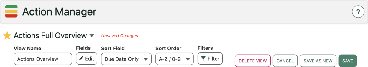 View editing options in the Action Manager, including save as new and delete