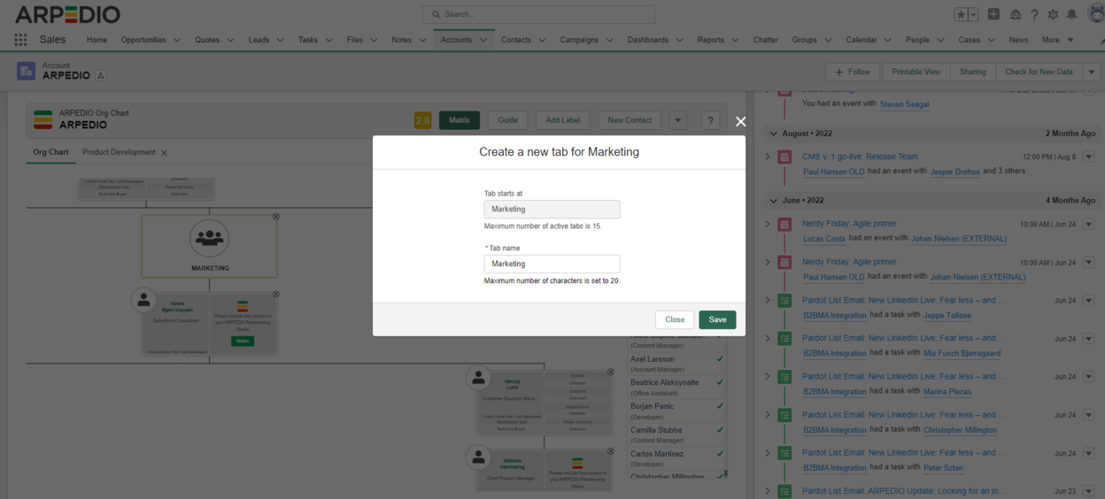 Org Chart tabs for organizing separate views of the organization