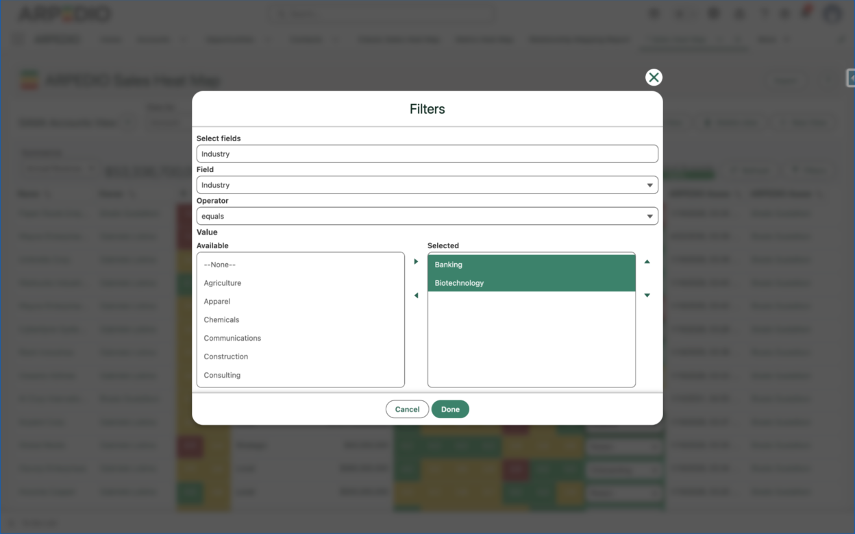 Editing, cloning, and filtering options for a Sales Heat Map view