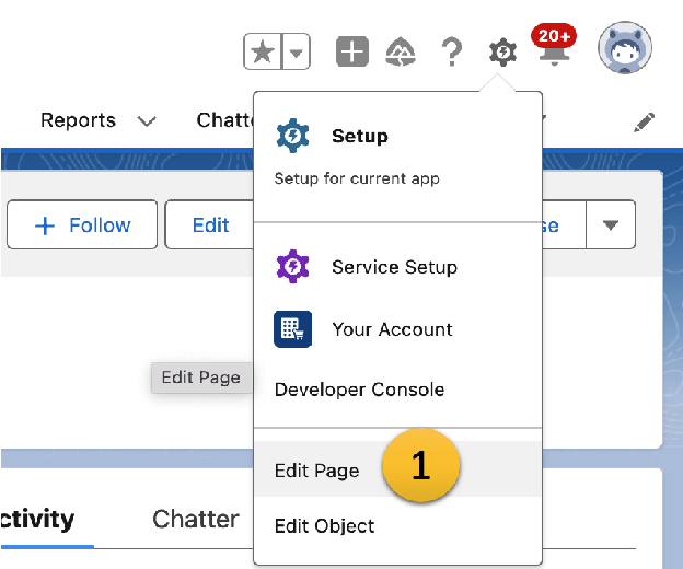 The Account record page with the Gear Icon menu open and Edit Page selected