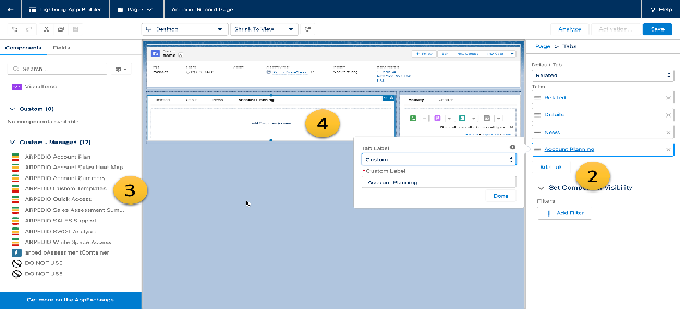 The Lightning App Builder with ARPEDIO components listed and one being dragged into a new tab
