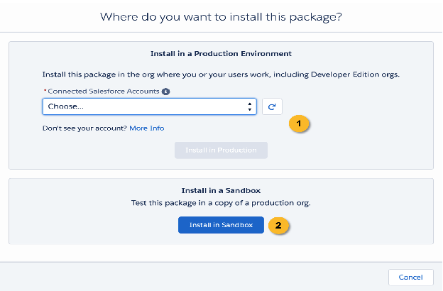 The AppExchange environment selection screen with Production and Sandbox options