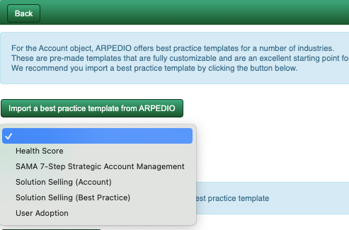 Importing a best practice template from ARPEDIO within the Planning Templates screen
