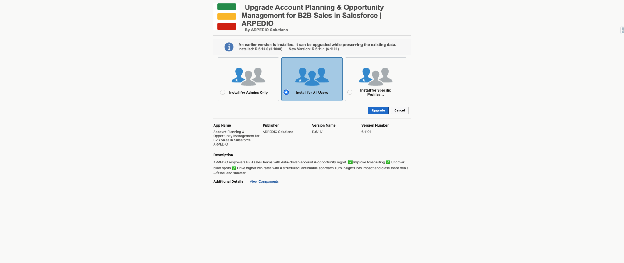 The AppExchange installation screen showing the Upgrade button, access level options, and terms and conditions
