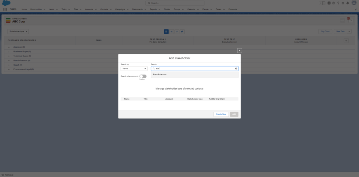 Adding customer stakeholders to a Matrix row using the plus sign and search