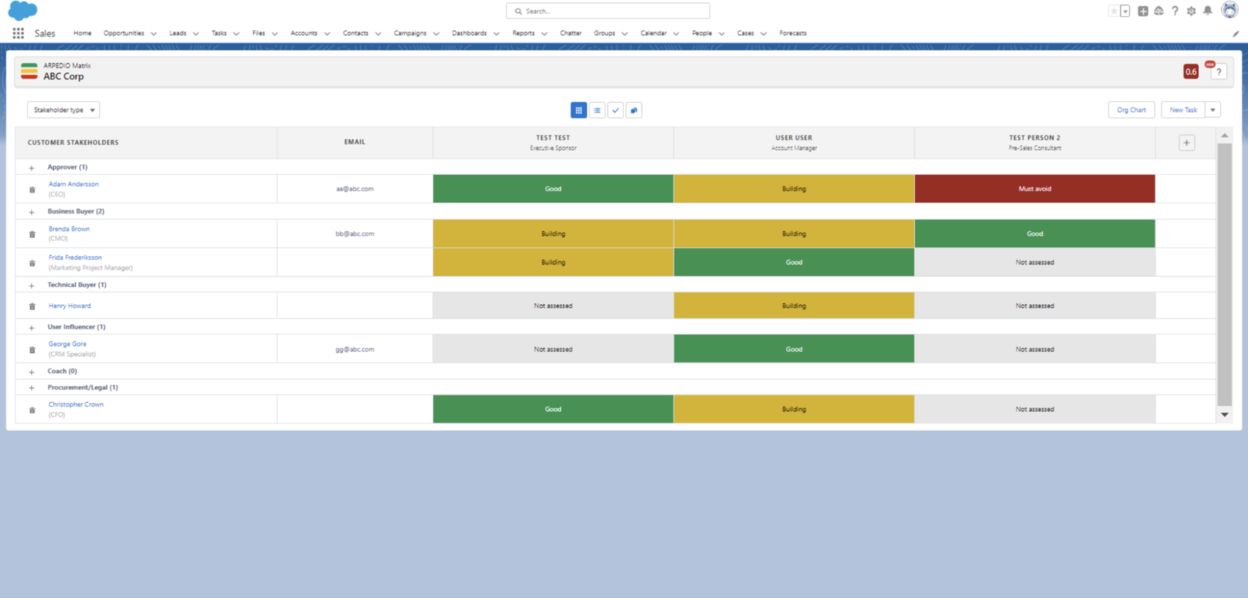 Assessing relationships between stakeholders and account team members in the Matrix
