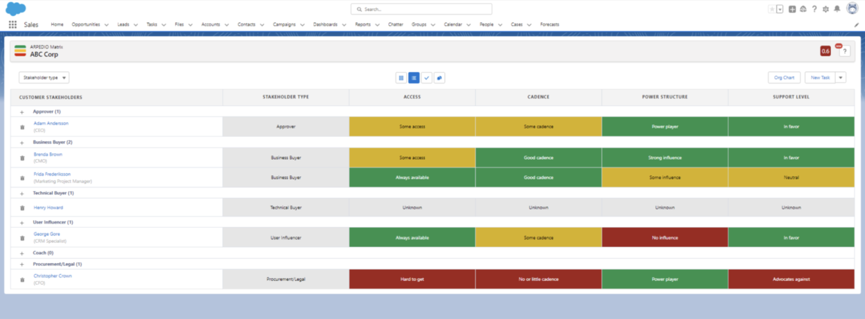 The Details view of the Relationship Matrix for analyzing customer stakeholders
