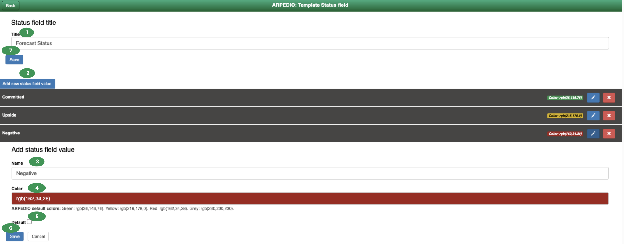 The Status Field configuration screen showing value names, colors, and default selection
